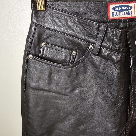 EUC AMAZING VINTAGE OLD NAVY BLUE JEANS GENUINE LEATHER STRAIGHT PANTS SIZE 4 - Picture 12 of 16